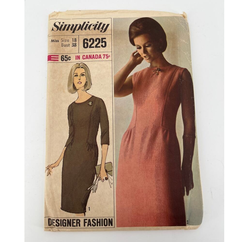 Vintage 60s Simplicity 6225 Slim Designer Dress Pattern Size 18 Bust 38 CUT